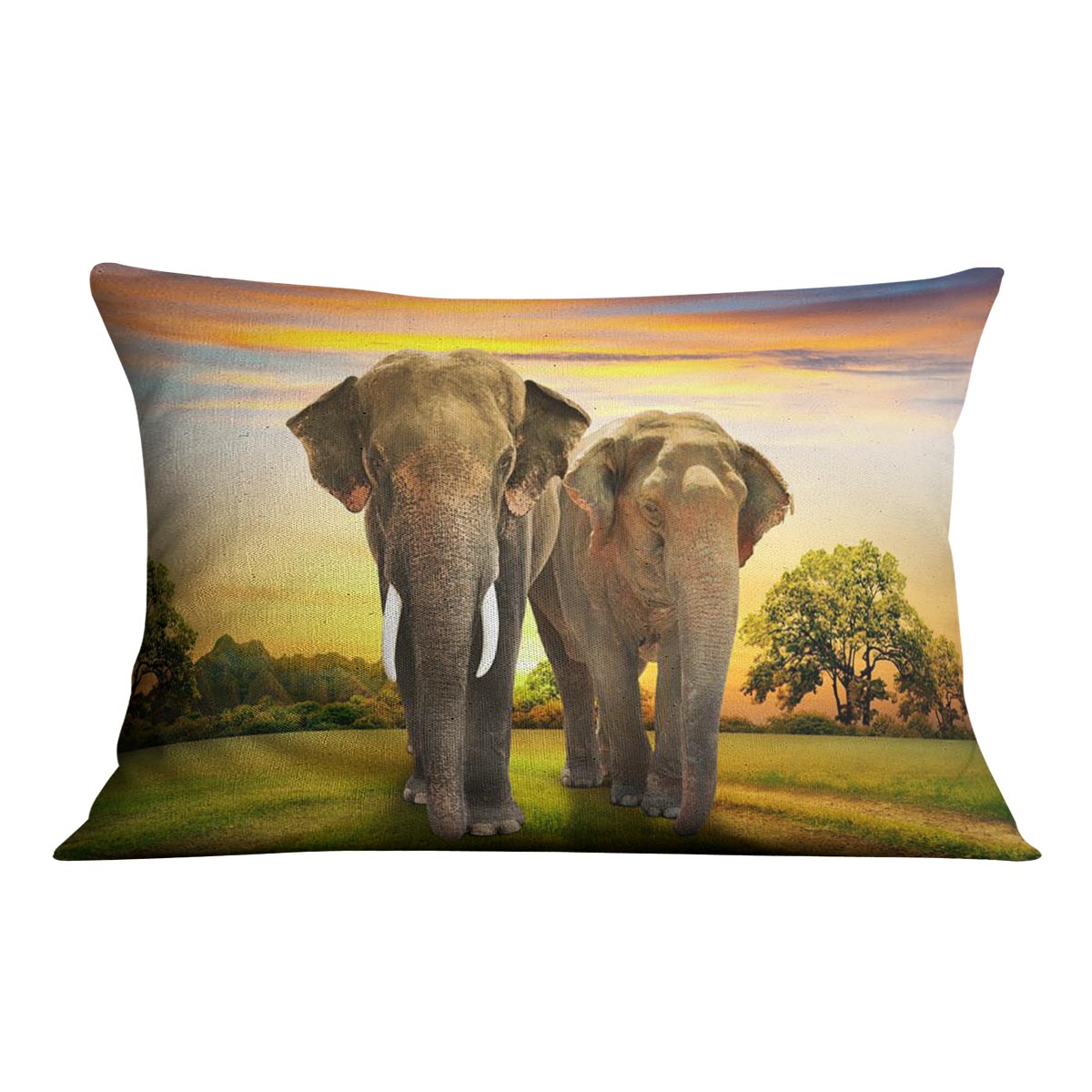 A vibrant cushion featuring an elephant family against a sunset backdrop, made from luxurious vegan faux suede.