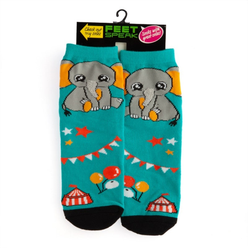 A pair of Elephant Feet Speak Socks featuring a cute baby elephant design and anti-slip words on the bottom.