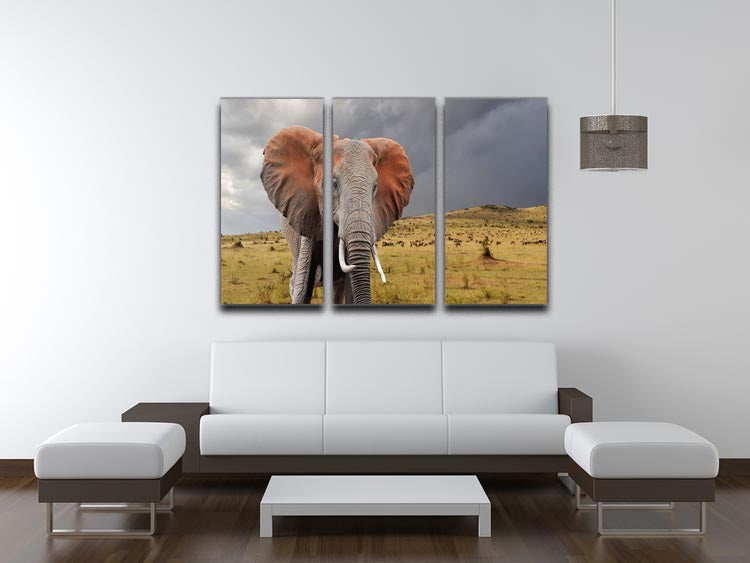 A stunning 3-panel canvas print featuring a majestic elephant in the national park of Kenya, showcasing vibrant colors and intricate details.