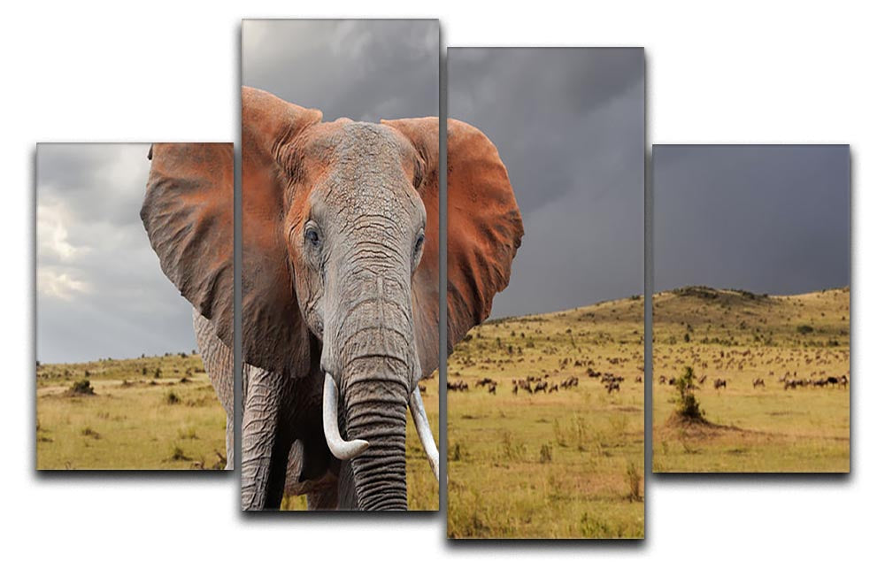 A beautiful 4-panel canvas artwork depicting elephants in the National Park of Kenya, showcasing vibrant colors and stunning natural scenery.