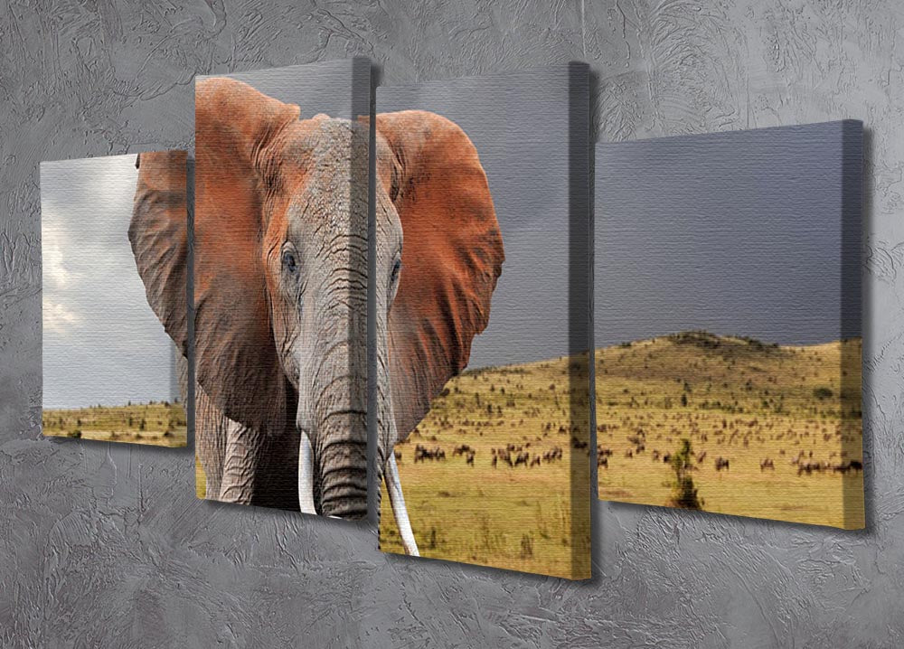 A beautiful 4-panel canvas artwork depicting elephants in the National Park of Kenya, showcasing vibrant colors and stunning natural scenery.