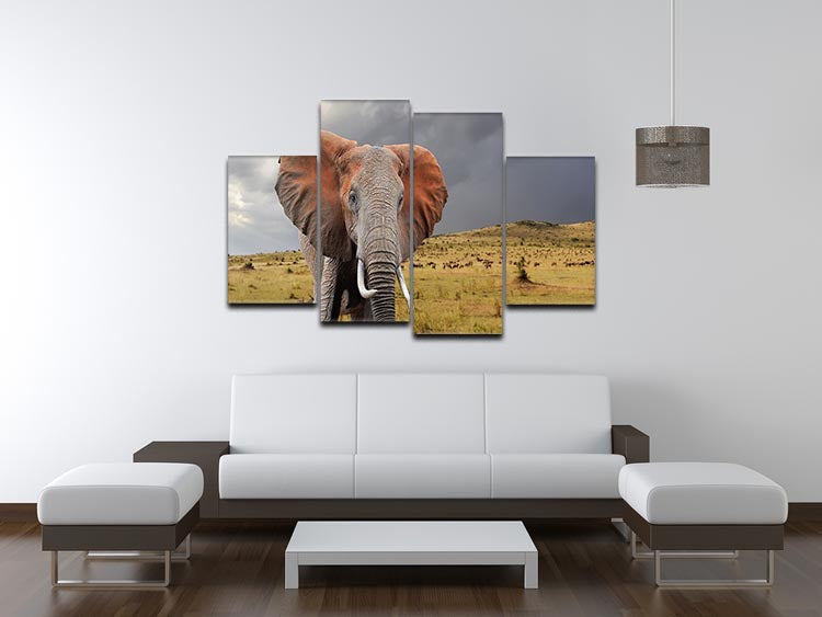A beautiful 4-panel canvas artwork depicting elephants in the National Park of Kenya, showcasing vibrant colors and stunning natural scenery.
