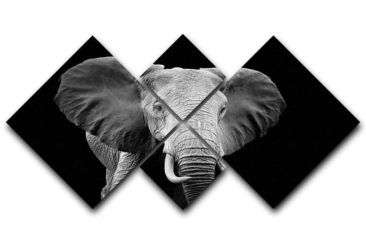 Black and white artwork of an elephant on a dark background, divided into four equal square panels for a striking visual effect.