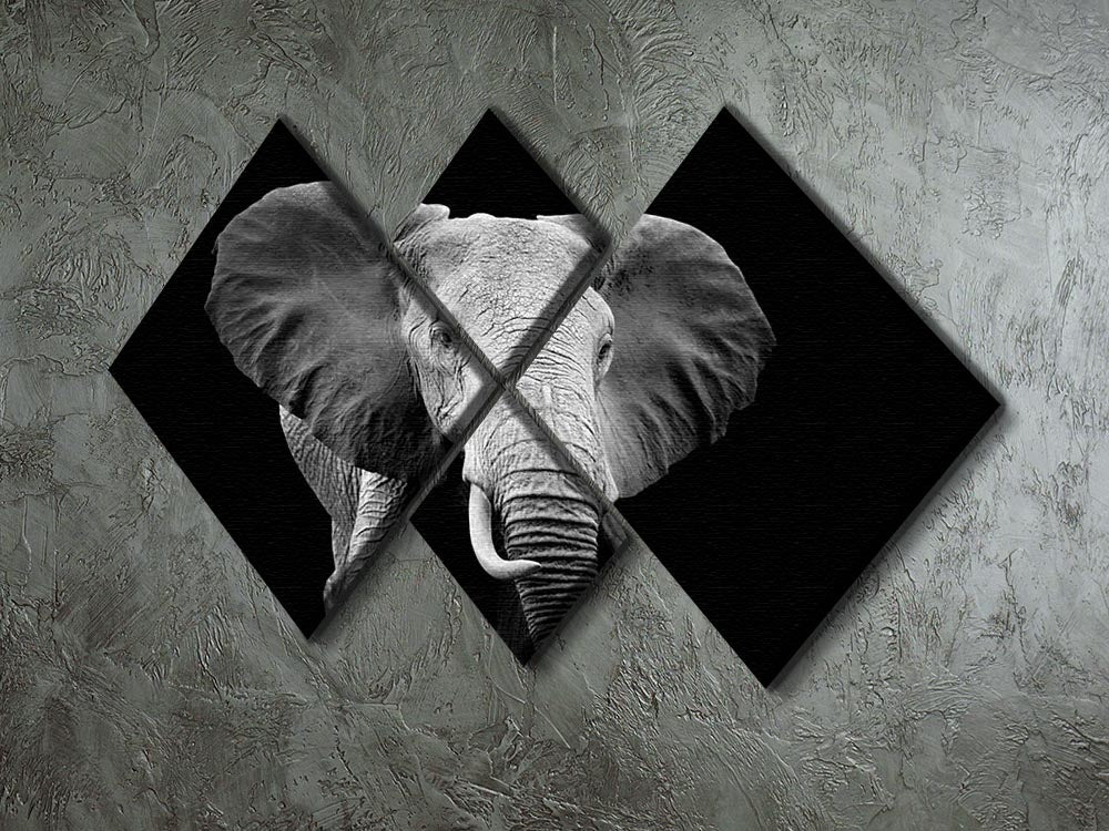 Black and white artwork of an elephant on a dark background, divided into four equal square panels for a striking visual effect.