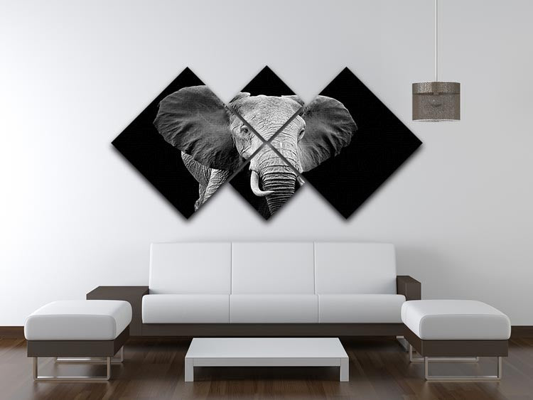 Black and white artwork of an elephant on a dark background, divided into four equal square panels for a striking visual effect.