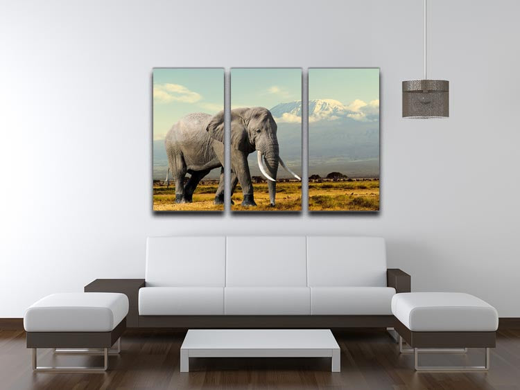 A stunning 3-panel canvas print featuring an elephant on Kilimanjaro mountain, showcasing vibrant colors and intricate details.
