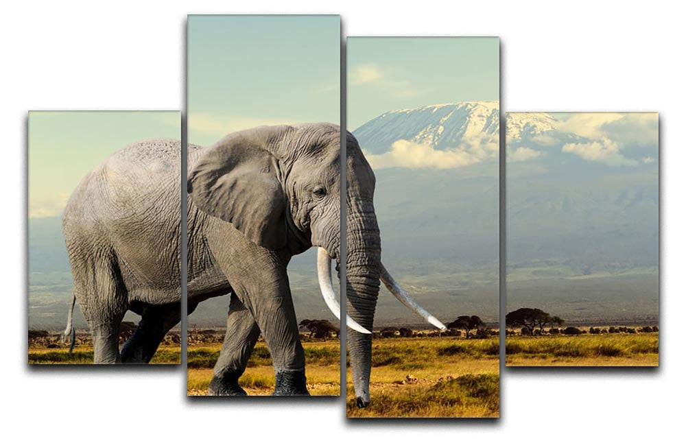 A stunning 4-split canvas artwork featuring an elephant against the backdrop of Kilimanjaro mountain, showcasing vibrant colors and intricate details.