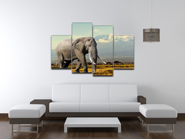A stunning 4-split canvas artwork featuring an elephant against the backdrop of Kilimanjaro mountain, showcasing vibrant colors and intricate details.