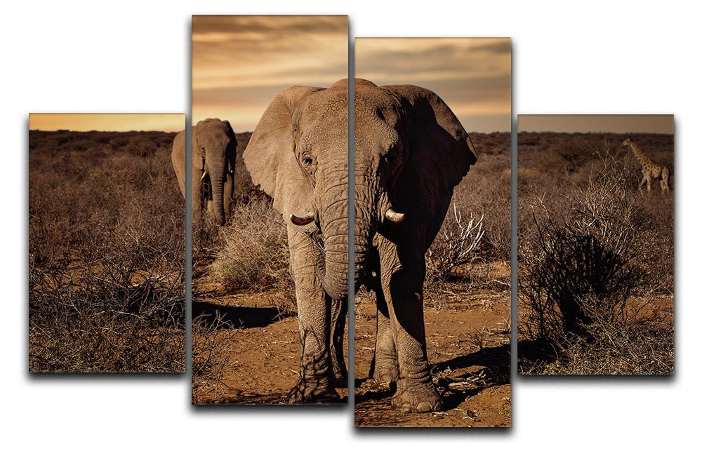 A beautiful 4-split canvas artwork featuring a majestic elephant, showcasing vibrant colors and intricate details across four panels.