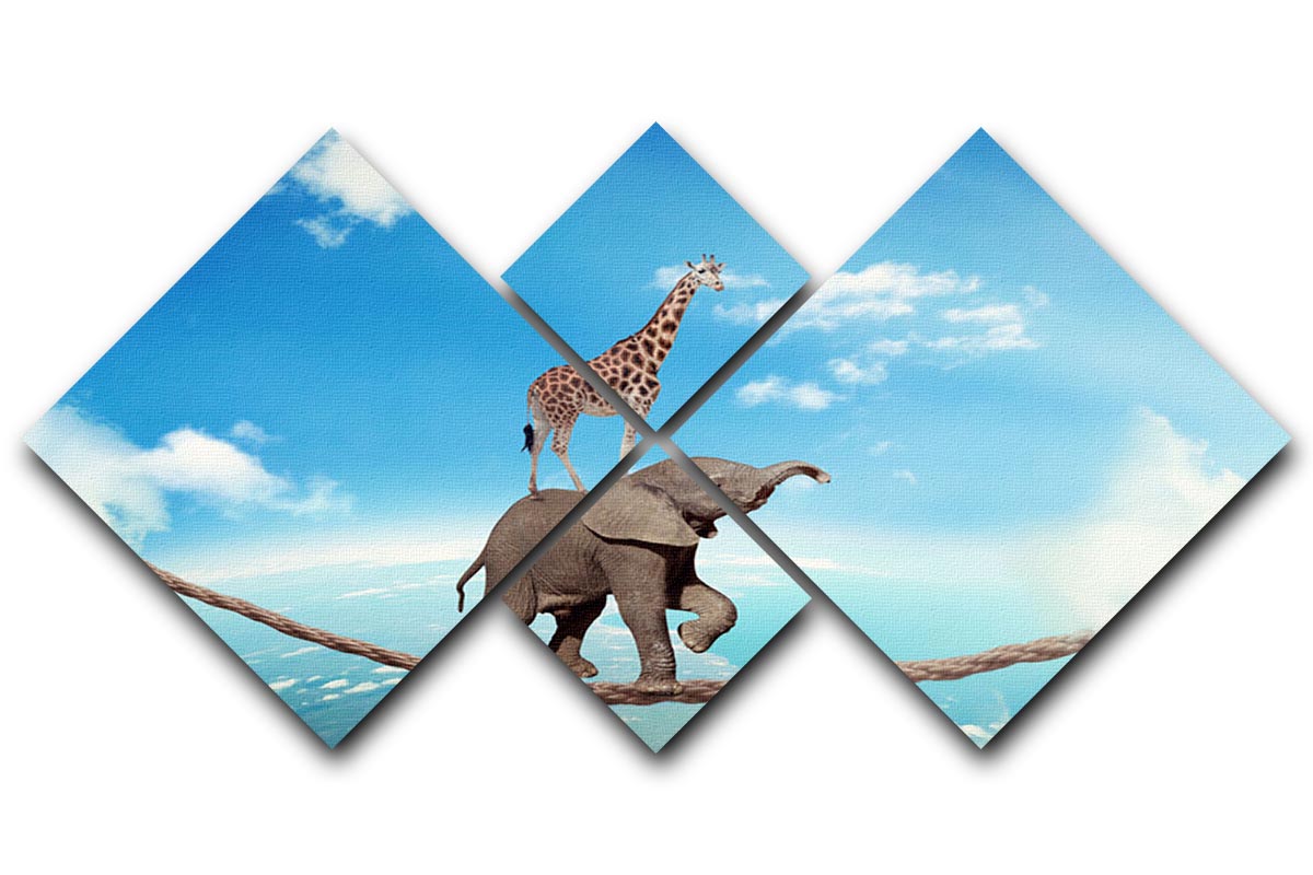A vibrant 4-square canvas artwork featuring an elephant and giraffe walking on a rope high in the sky, showcasing adventure and whimsy.