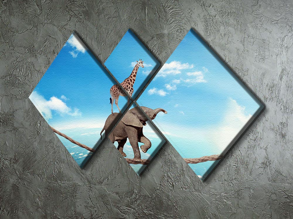 A vibrant 4-square canvas artwork featuring an elephant and giraffe walking on a rope high in the sky, showcasing adventure and whimsy.