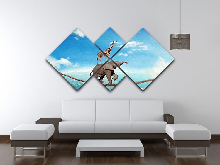 A vibrant 4-square canvas artwork featuring an elephant and giraffe walking on a rope high in the sky, showcasing adventure and whimsy.