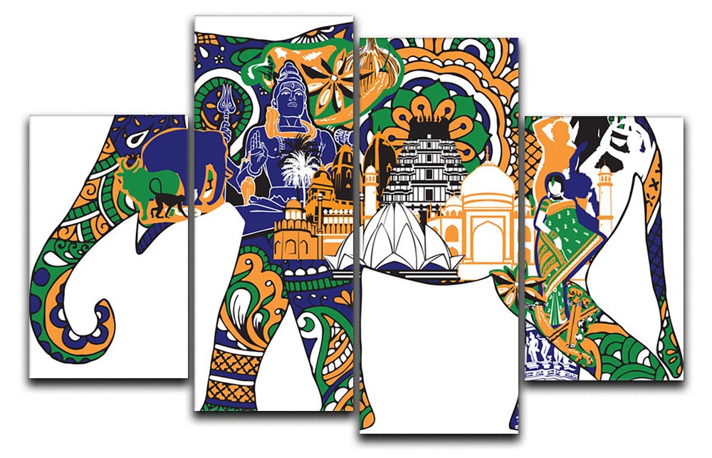 A vibrant 4-split canvas artwork featuring an elephant adorned with intricate Indian symbols, showcasing cultural elegance.