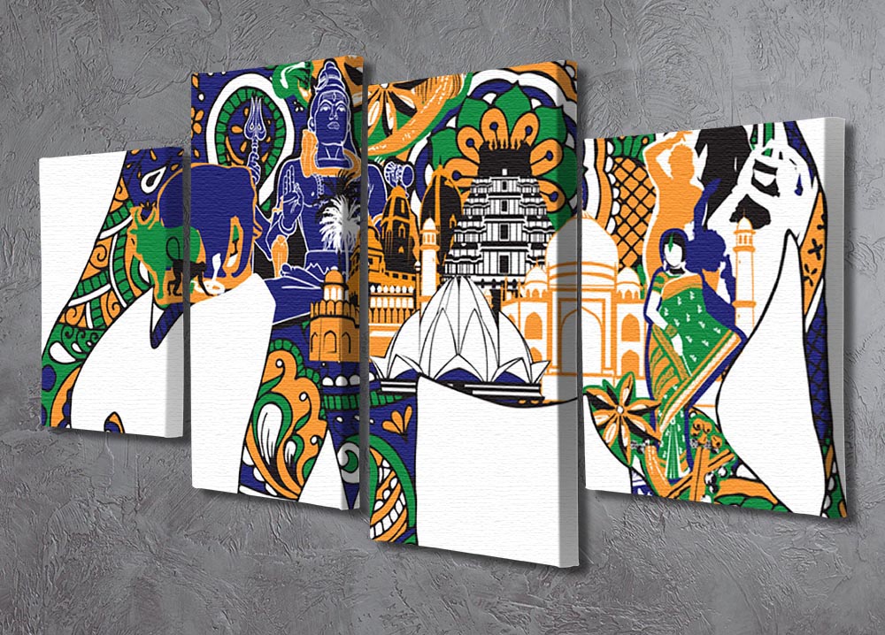 A vibrant 4-split canvas artwork featuring an elephant adorned with intricate Indian symbols, showcasing cultural elegance.