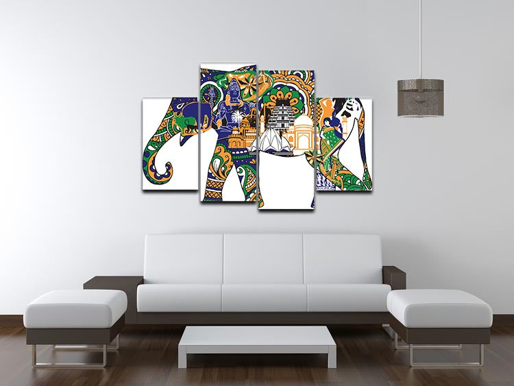 A vibrant 4-split canvas artwork featuring an elephant adorned with intricate Indian symbols, showcasing cultural elegance.