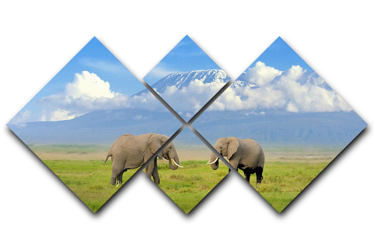 A beautiful 4-square canvas artwork featuring an elephant with Mount Kilimanjaro in the background, showcasing vibrant colors and intricate details.