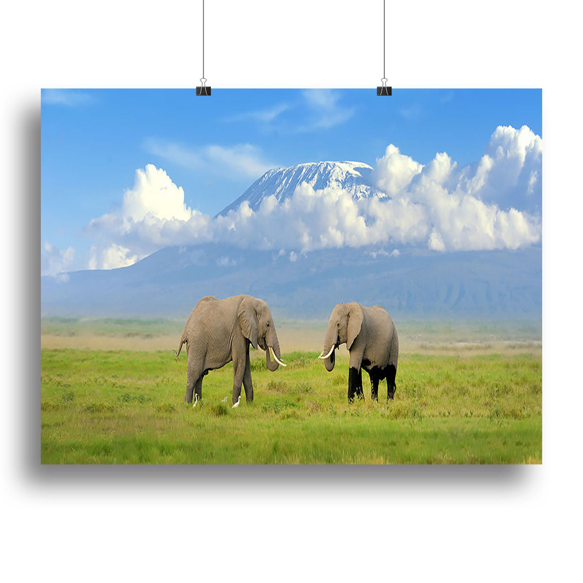 Canvas print featuring an elephant with Mount Kilimanjaro in the background, showcasing vibrant colors and intricate details.