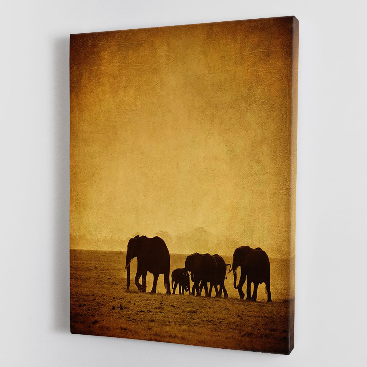 A beautiful canvas print featuring a family of elephants in Amboseli, Kenya, showcasing their natural habitat and majestic presence.