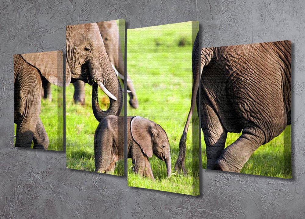 A beautiful 4-split canvas artwork depicting a family of elephants on the African savanna, showcasing their natural habitat.