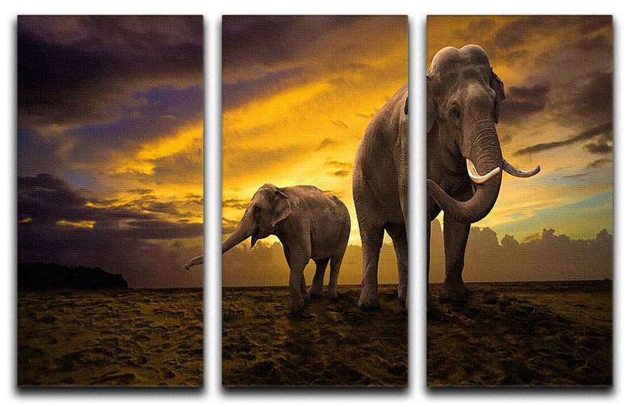 A beautiful 3-panel canvas print depicting an elephant family at sunset, showcasing vibrant colors and serene imagery.