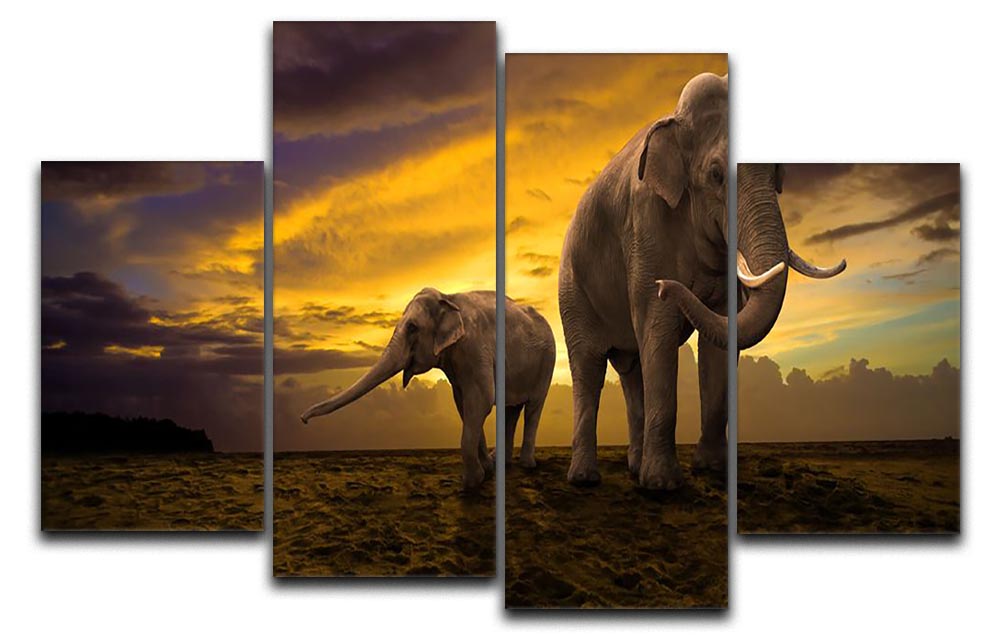 A beautiful 4 split panel canvas featuring a family of elephants against a vibrant sunset, showcasing warm colors and serene silhouettes.
