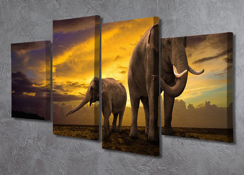 A beautiful 4 split panel canvas featuring a family of elephants against a vibrant sunset, showcasing warm colors and serene silhouettes.