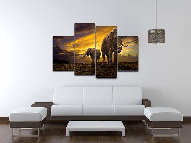 A beautiful 4 split panel canvas featuring a family of elephants against a vibrant sunset, showcasing warm colors and serene silhouettes.