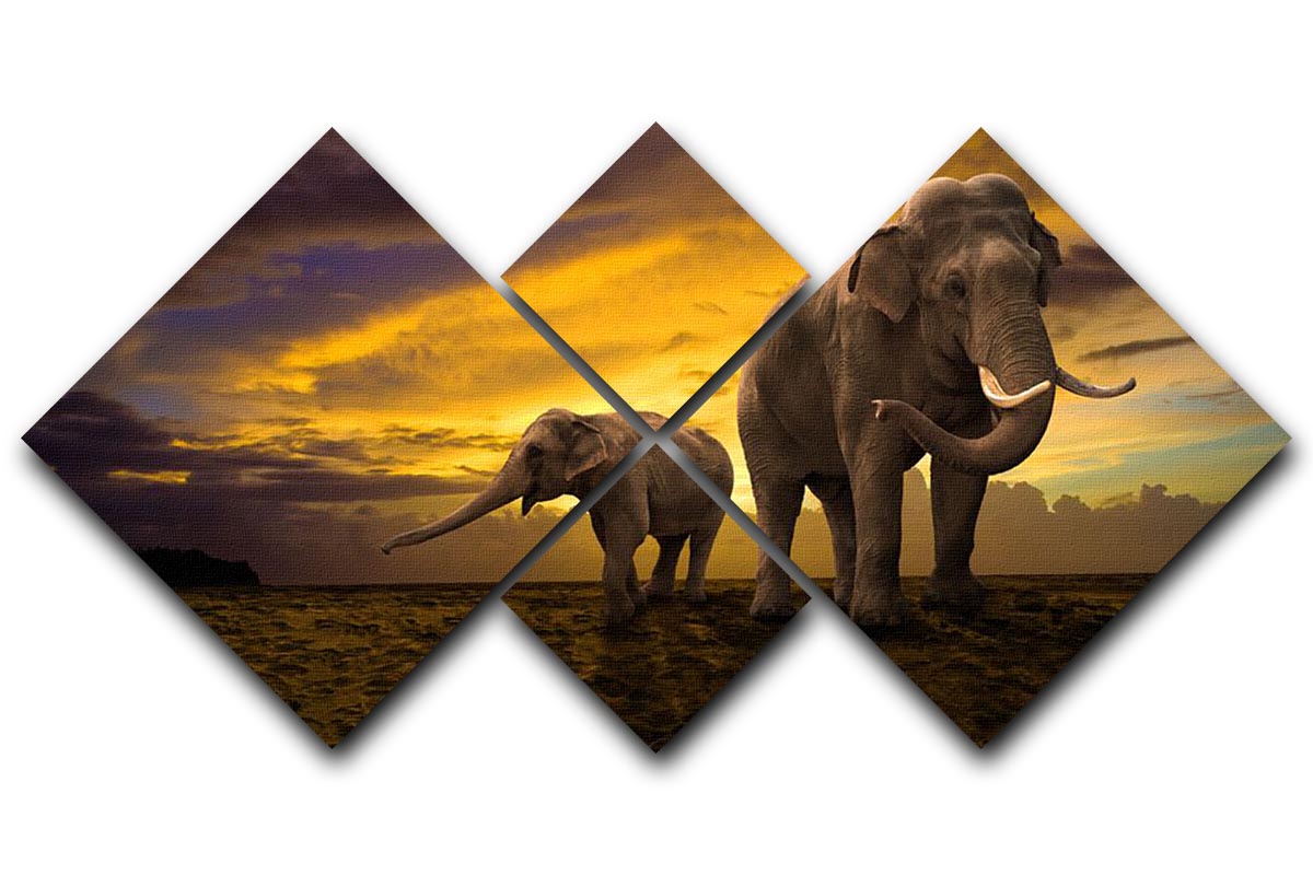 A beautiful multi-panel canvas artwork featuring a family of elephants against a vibrant sunset, divided into four equal square sections.