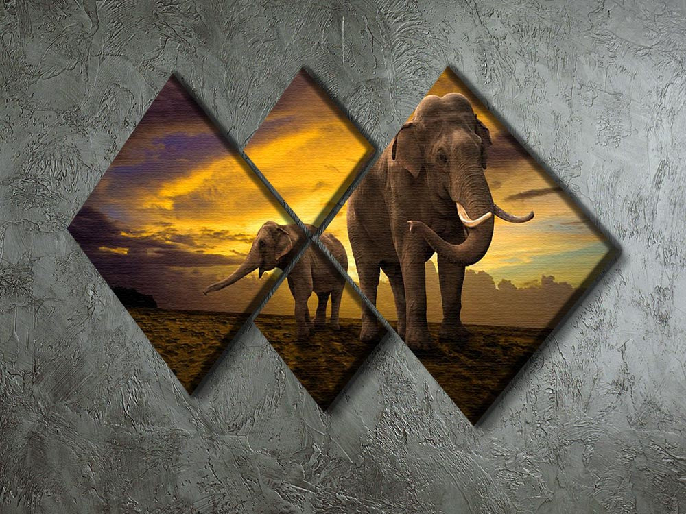 A beautiful multi-panel canvas artwork featuring a family of elephants against a vibrant sunset, divided into four equal square sections.