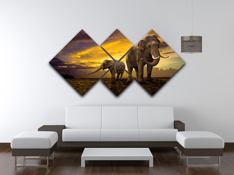 A beautiful multi-panel canvas artwork featuring a family of elephants against a vibrant sunset, divided into four equal square sections.