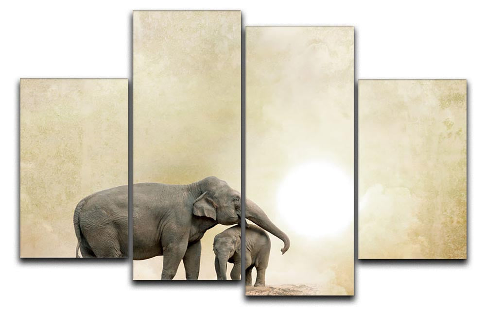 A stunning 4-split canvas artwork featuring majestic elephants on a textured grunge background, creating a dynamic visual effect.