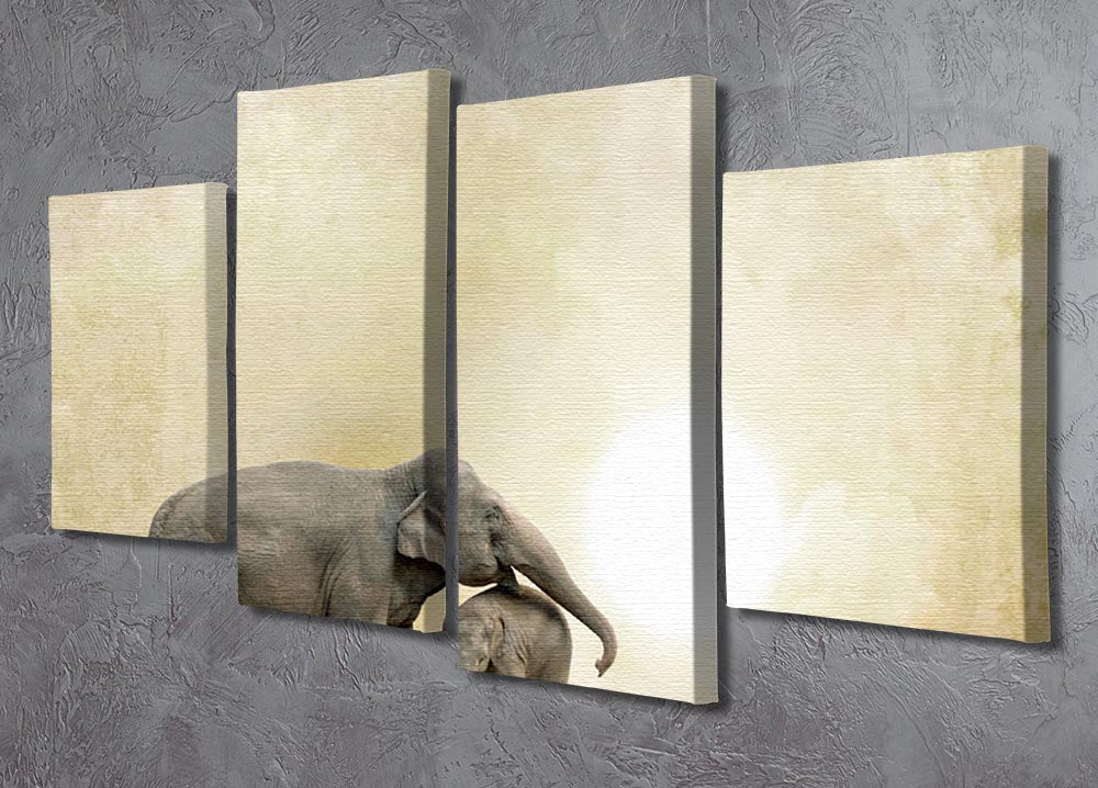 A stunning 4-split canvas artwork featuring majestic elephants on a textured grunge background, creating a dynamic visual effect.
