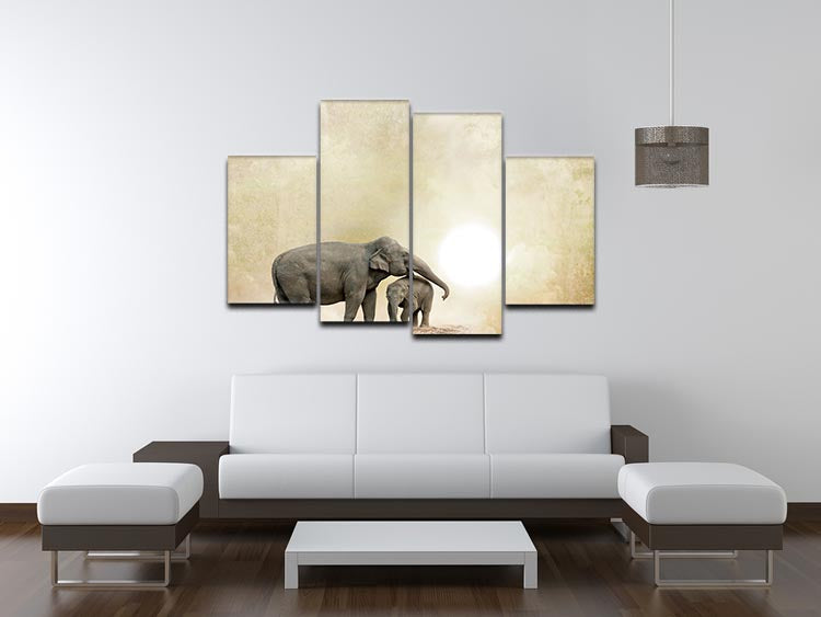 A stunning 4-split canvas artwork featuring majestic elephants on a textured grunge background, creating a dynamic visual effect.