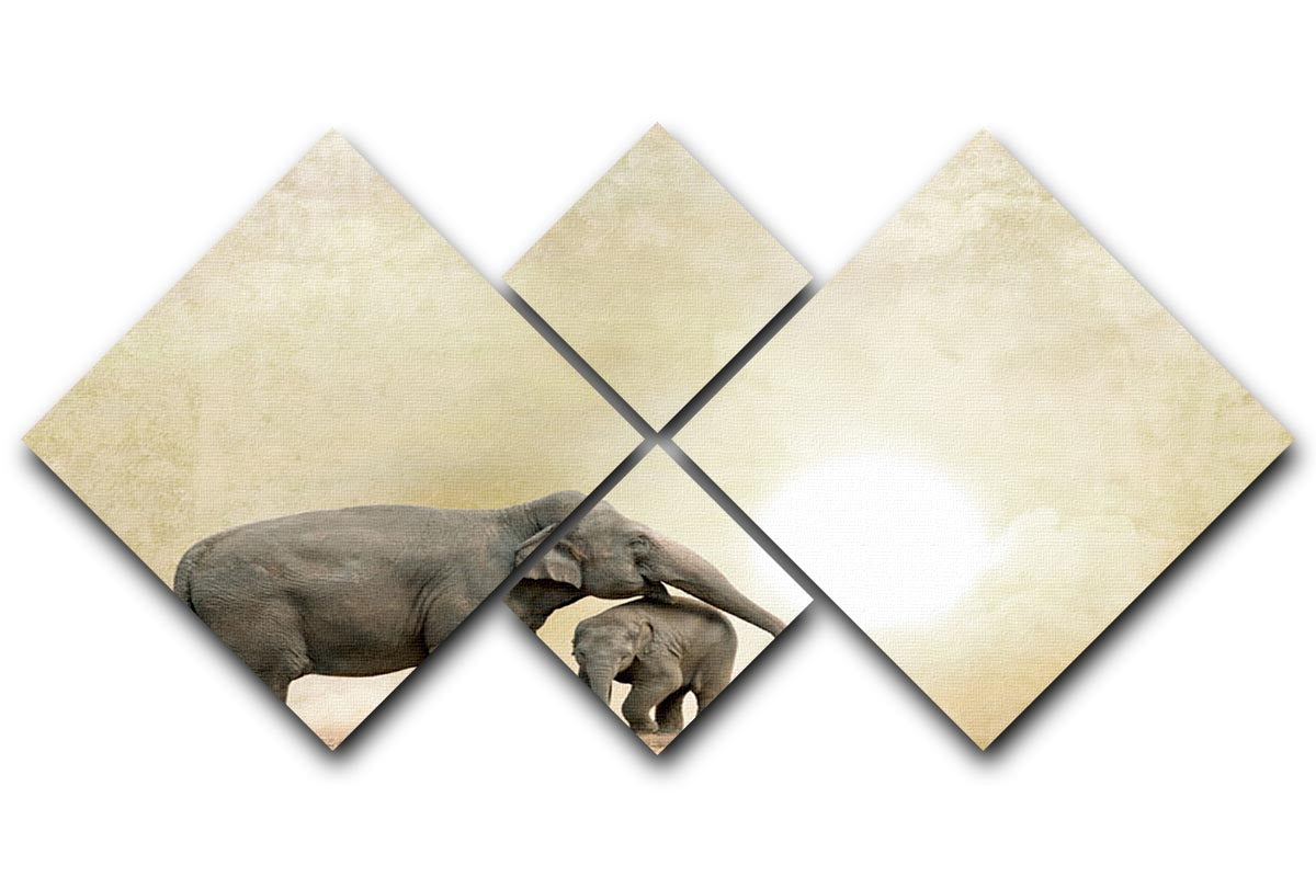 A stunning 4-square multi-panel canvas featuring elephants on a textured grunge background, ideal for home decor.