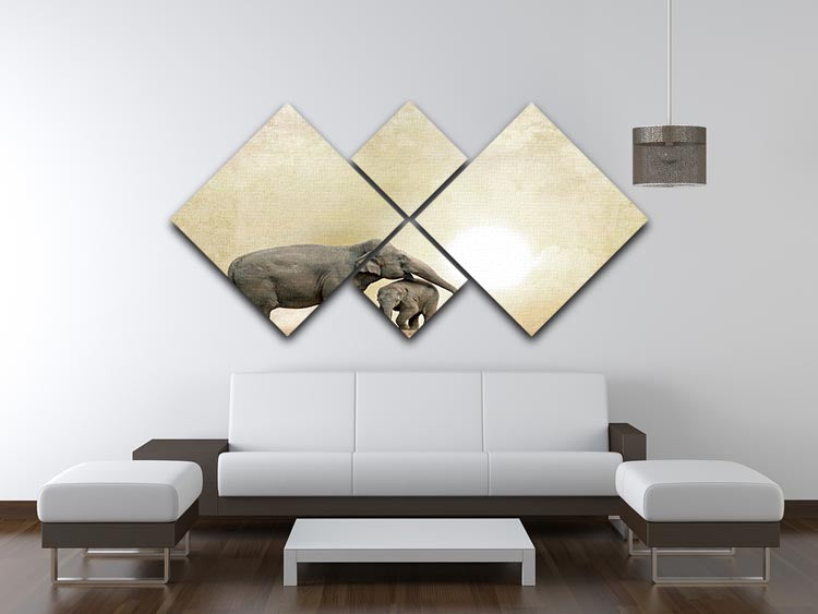 A stunning 4-square multi-panel canvas featuring elephants on a textured grunge background, ideal for home decor.