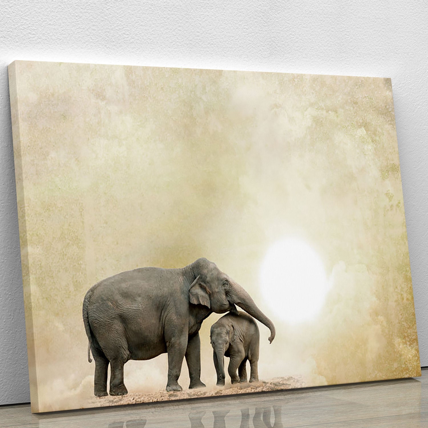 A canvas print featuring elephants on a textured grunge background, showcasing intricate details and vibrant colors.