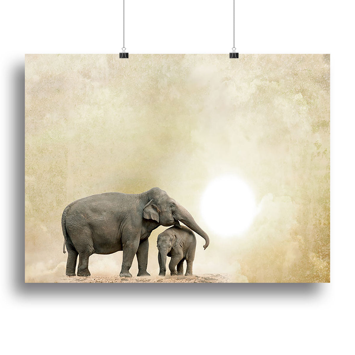 A canvas print featuring elephants on a textured grunge background, showcasing intricate details and vibrant colors.