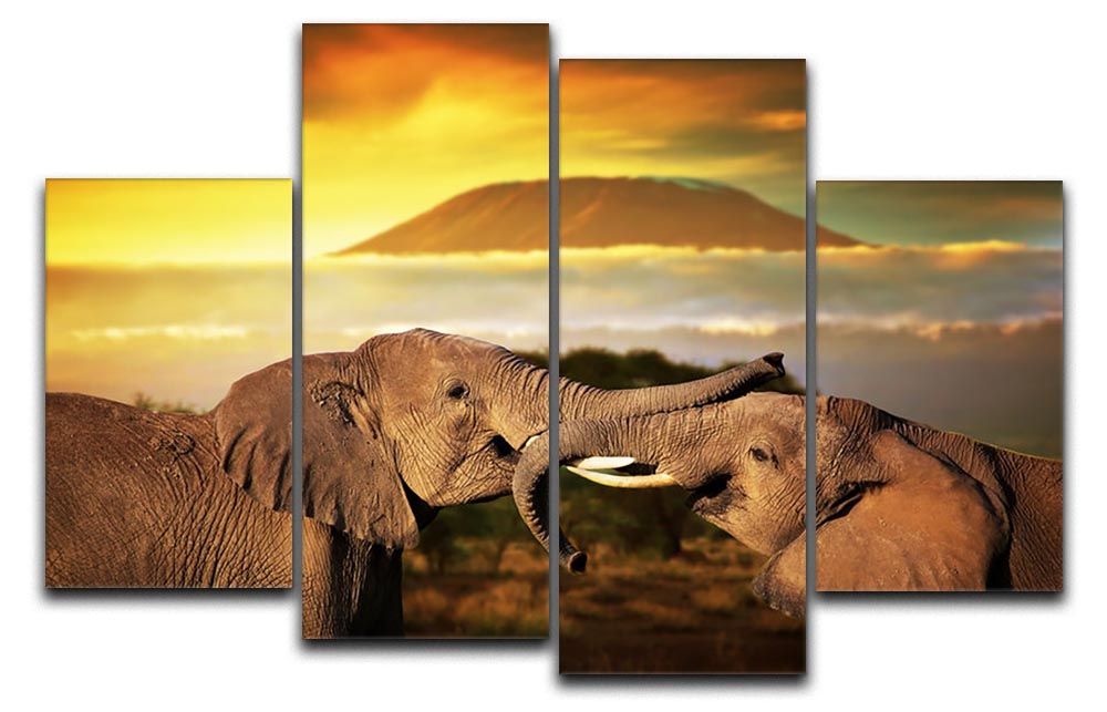 A vibrant 4-split canvas artwork featuring playful elephants interacting with their trunks, showcasing dynamic colors and intricate details.