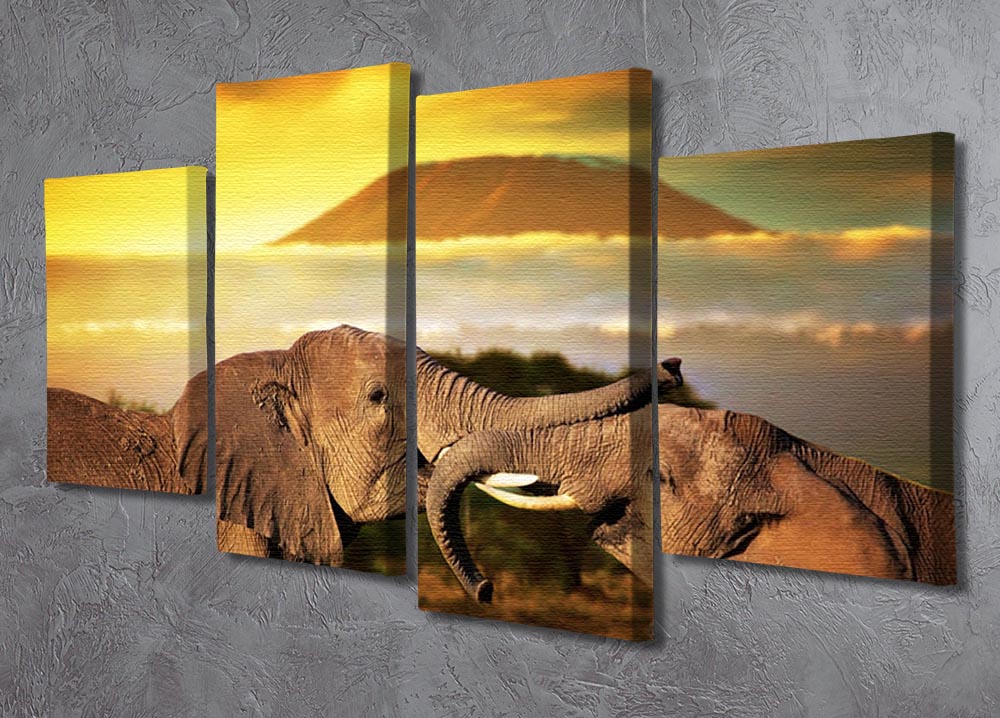 A vibrant 4-split canvas artwork featuring playful elephants interacting with their trunks, showcasing dynamic colors and intricate details.
