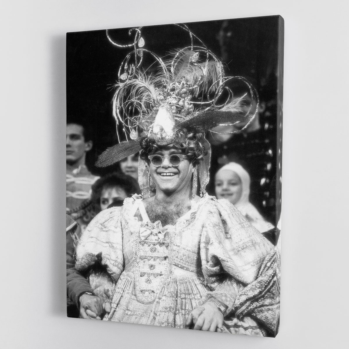 Elton John as a panto dame canvas print featuring vibrant colors and theatrical design, perfect for home decor.