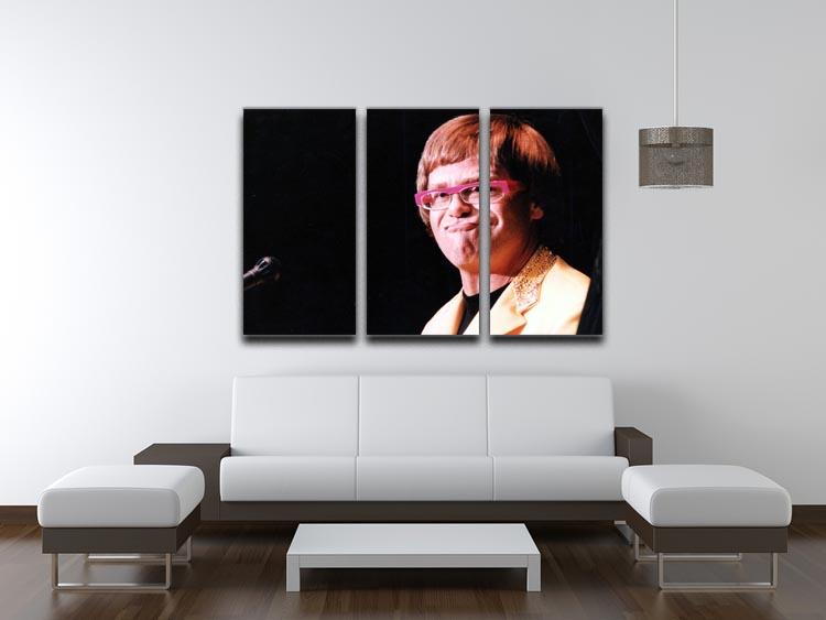 Elton John at Wembley 1992 3-panel canvas print showcasing vibrant colors and iconic performance imagery.