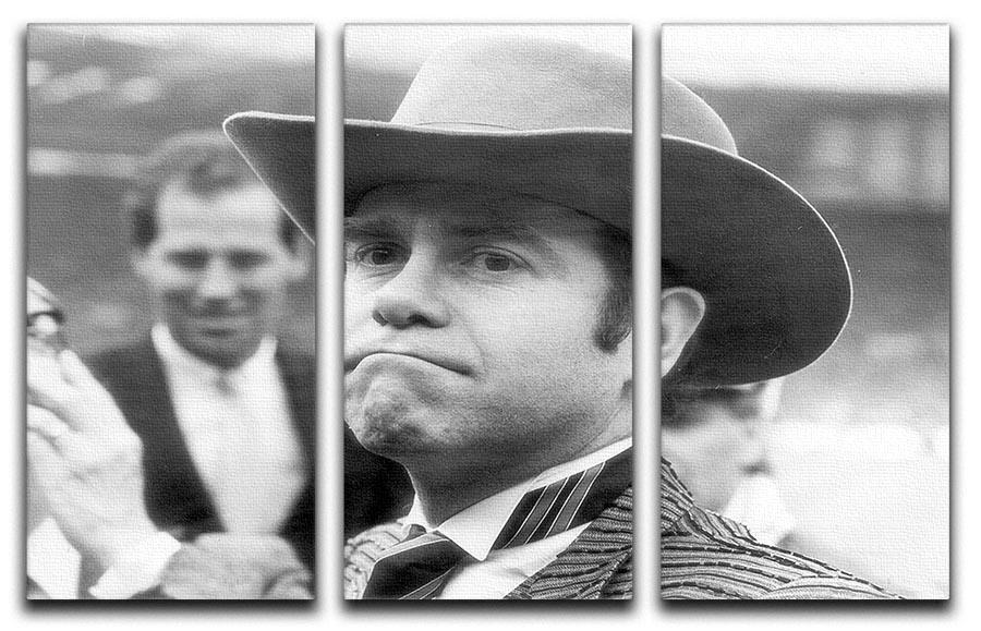 Elton John in a stylish hat depicted in a vibrant 3-panel canvas print, showcasing artistic flair and elegance.