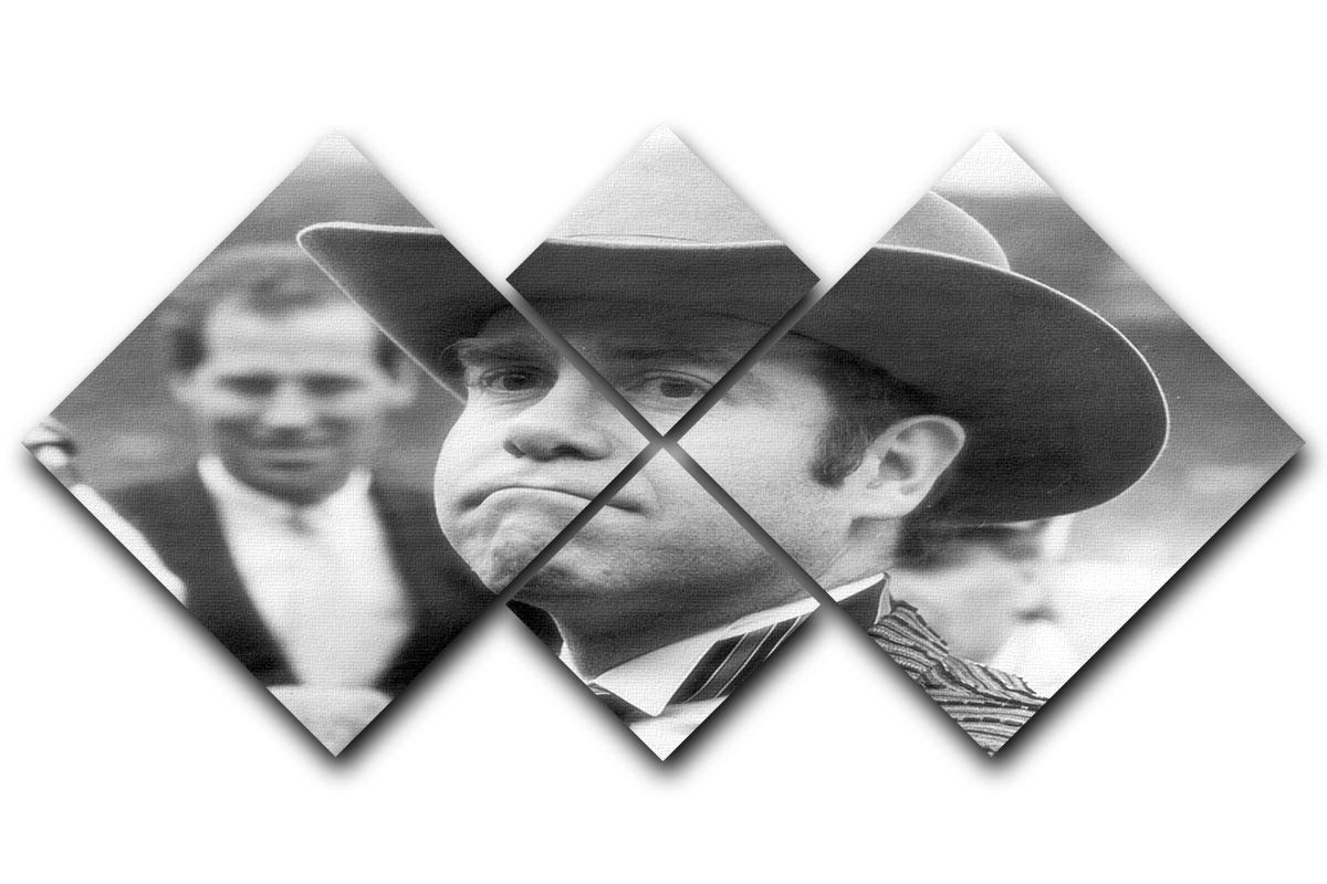 Elton John in a Hat depicted on a vibrant 4-square multi-panel canvas artwork, showcasing his iconic style and personality.