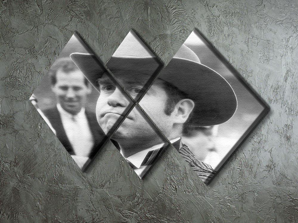 Elton John in a Hat depicted on a vibrant 4-square multi-panel canvas artwork, showcasing his iconic style and personality.