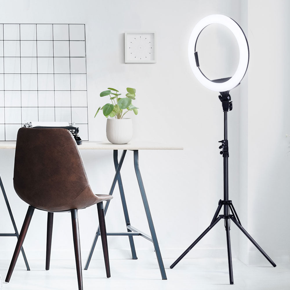 Embellir 14" LED Ring Light with adjustable stand and phone holder, perfect for makeup and photography.