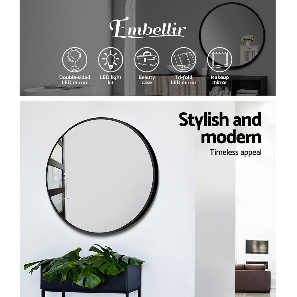 Embellir 70cm Round Wall Mirror showcasing its elegant design and clarity, perfect for bathrooms and makeup applications.