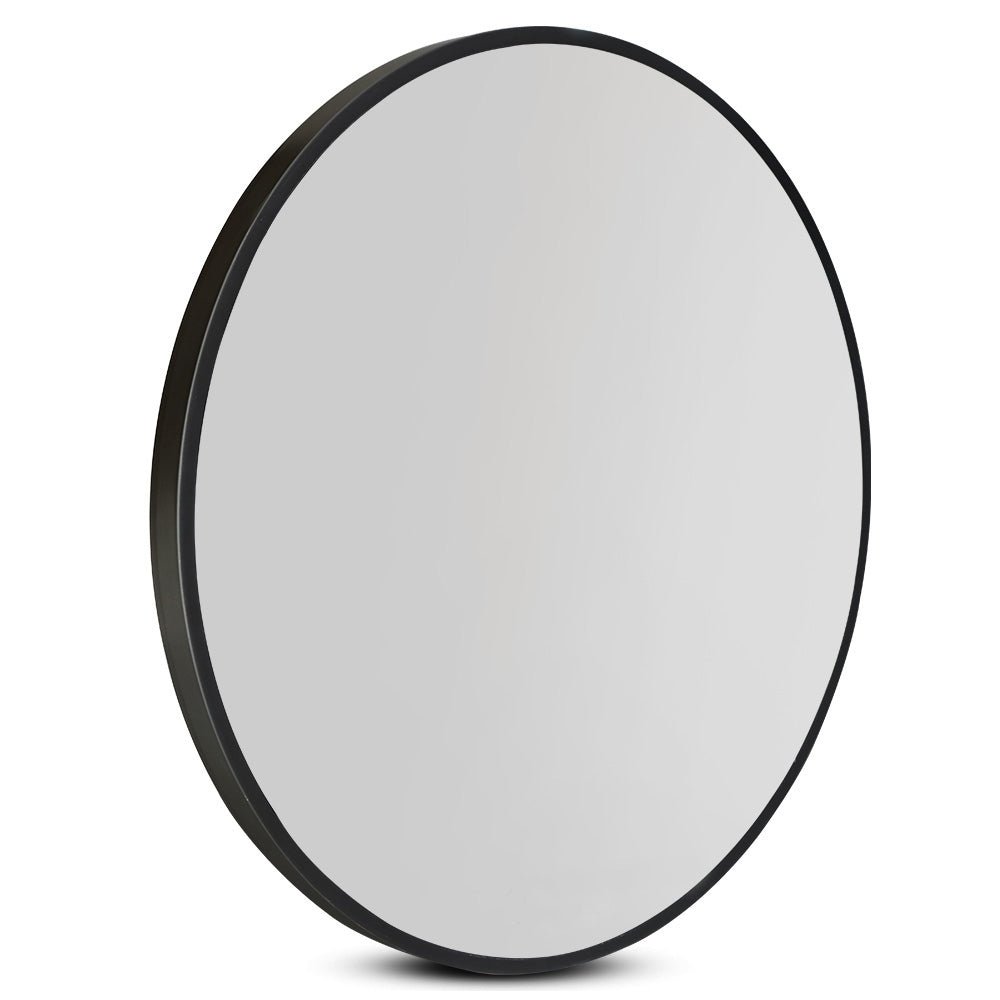 Embellir 90cm round wall mirror with a sleek design, showcasing clarity and craftsmanship, ideal for bathrooms and makeup applications.