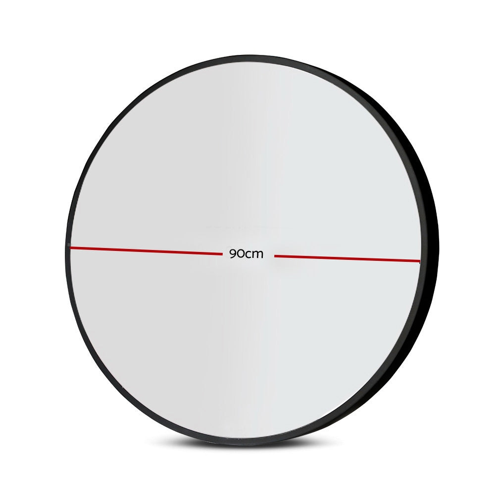 Embellir 90cm round wall mirror with a sleek design, showcasing clarity and craftsmanship, ideal for bathrooms and makeup applications.
