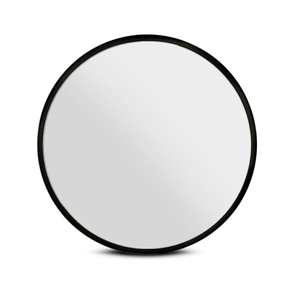 Embellir 90cm round wall mirror with a sleek design, showcasing clarity and craftsmanship, ideal for bathrooms and makeup applications.