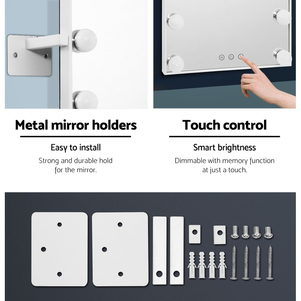 Embellir Hollywood Wall Mirror with 12 LED lights, showcasing a stylish metal frame and touch control features for adjustable brightness.